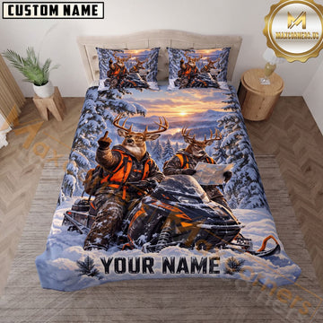 Maxcorners Deer Hunting Snowmobile Winter Adventure Personalized Name 3D Bedding Set