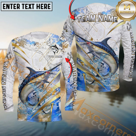 Maxcorners Marlin Fishing Line Golden Premium Skinfish Dotted Pattern Sport Jersey Personalized Name, Team Name Long Sleeve Shirt