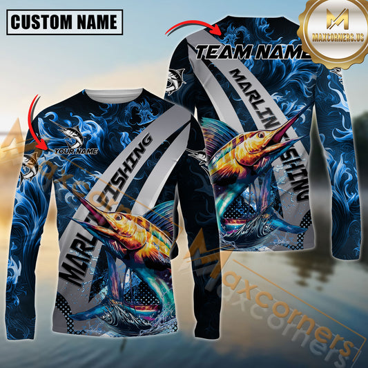 Maxcorners Marlin Fishing Blue Flame Smoke Silver Dynamic Wave Sport Jersey Personalized Name, Team Name Long Sleeve Shirt