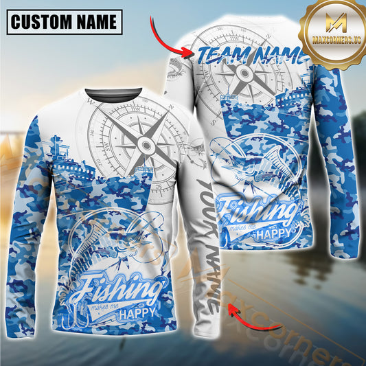 Maxcorners Marlin Fishing Blue Camouflage Compass Hook Design Pattern Sport Jersey Personalized Name, Team Name Long Sleeve Shirt