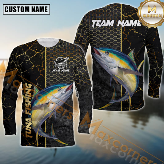 Maxcorners Tuna Fishing Jersey Gold Black Honeycomb Sport Jersey Personalized Name, Team Name Long Sleeve Shirt