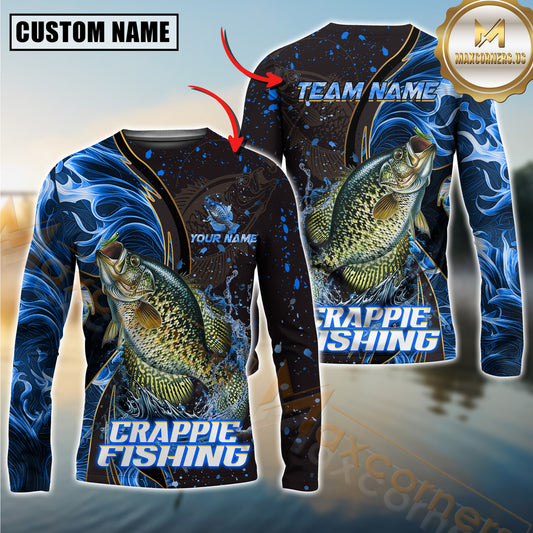Maxcorners Crappie Fishing Blue Flame Smoke Line Premium Style Sport Jersey Personalized Name, Team Name Long Sleeve Shirt