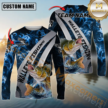 Custom Walleye Fishing Shirt Long Sleeve – 3D Jumping Fish Design with Personalized Name and Team Name for Anglers

