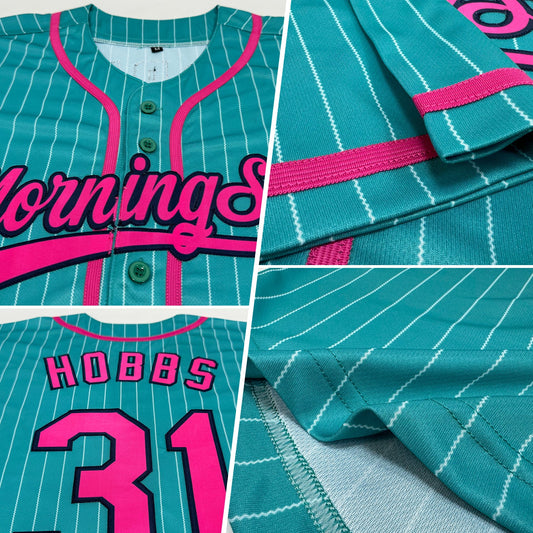 Maxcorners Custom Aqua White Pinstripe Pink-Navy Authentic Baseball Jersey LM2605