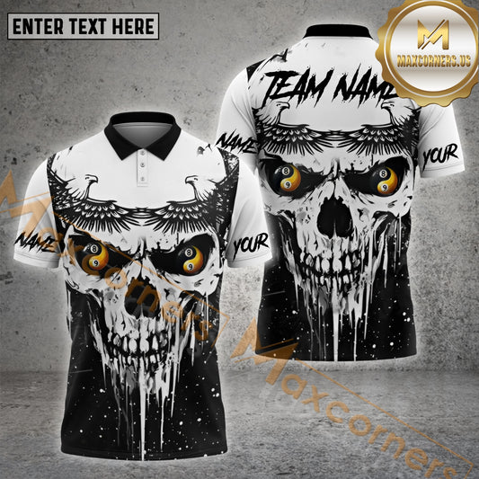 Maxcorners Billiards Black White Skull Personalized Name, Team Name 3D Shirts