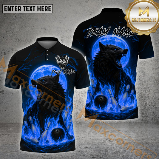Maxcorners Bowling Shirt Fire Wolf Moon Multicolor Options Personalized Name, Team Name 3D Shirt (4 Colors)