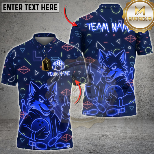 Maxcorners Bowling Shirt Neon Angry Wolf Design Multicolor Options Personalized Name, Team Name 3D Shirt (4 Colors)