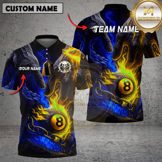 Maxcorners Billiards Fire Hand Dual Flame Multicolor Options Personalized Name, Team Name 3D Shirt (4 Colors)