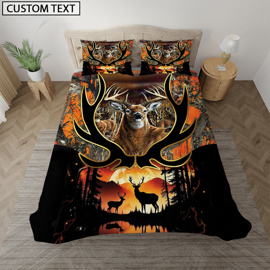 Maxcorners Custom Name Deer Hunting Orange Camo Couple Sunset Pattern Bedding Set 3D All Over Printed