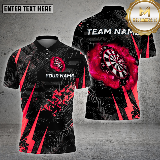 Futuristic black dartboard shirt with fire impact design – custom name and team 3D darts jersey in 4 color options