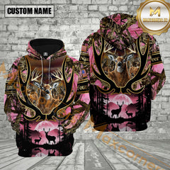 Maxcorners Deer Hunting Antler Pink Camo Forest Golden Line Pattern Custom Name Shirt 3D All Over Printed Clothes