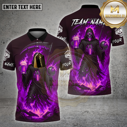 Maxcorners Bowling Shirt Grim Reaper Beer Flame Design Multicolor Options Personalized Name, Team Name 3D Shirt (4 Colors)