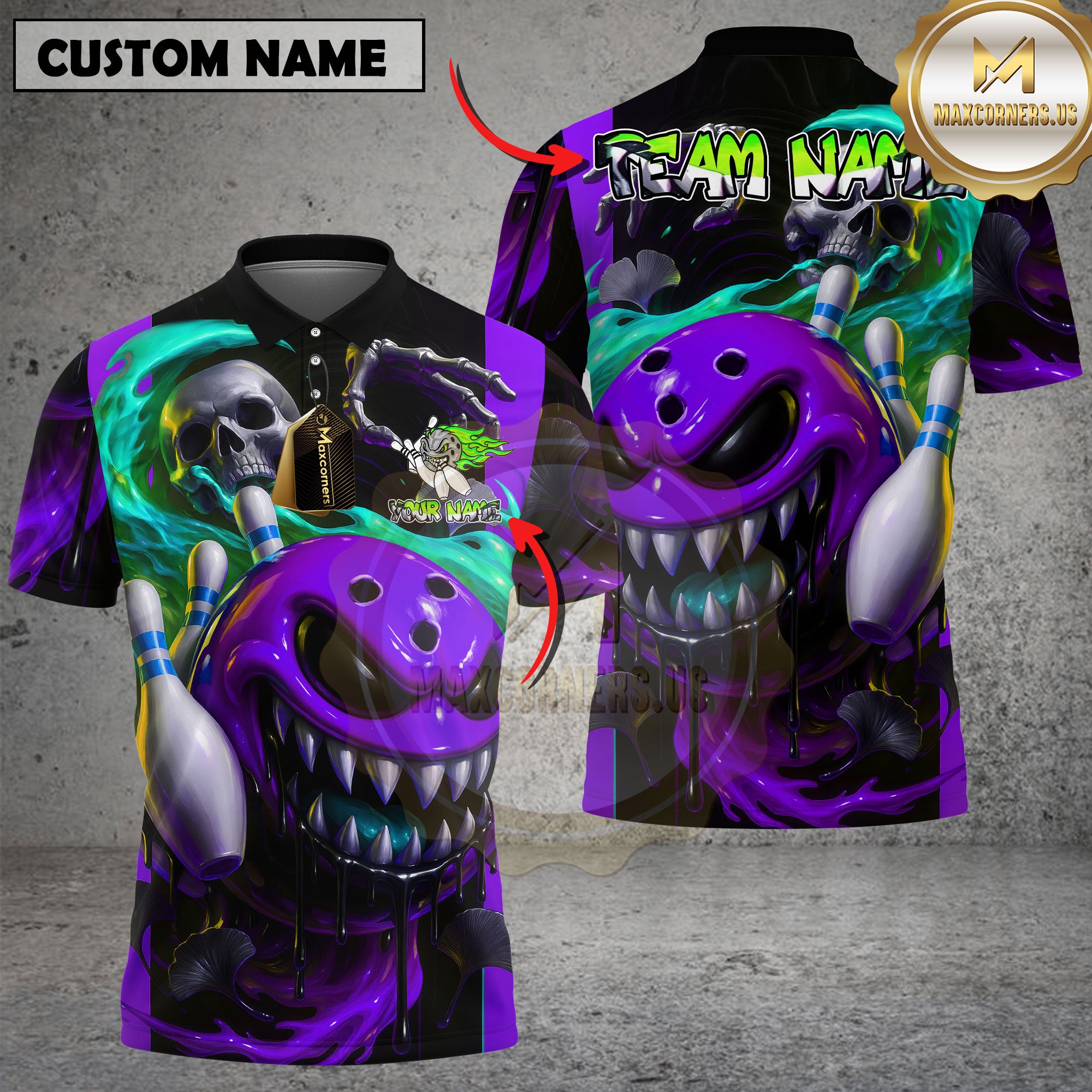 Neon green toxic monster bowling shirt with skull graphic and flaming effect, personalized name and team, unisex 3D sports shirt