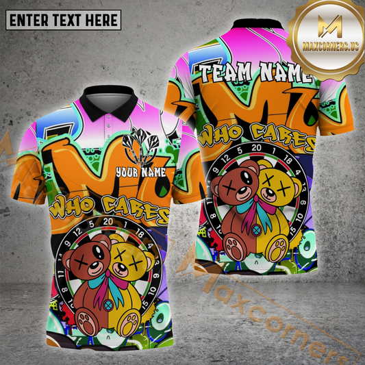 Maxcorners Darts Shirt – Funny Who Cares Teddy Graffiti Style, Multicolor Options Personalized Name, Team Name 3D Shirt (4 Colors)