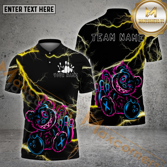 Maxcorners Bowling Teddy Bear Cosmic Cute Multicolor Options Personalized Name, Team Name 3D Shirt (4 Colors)