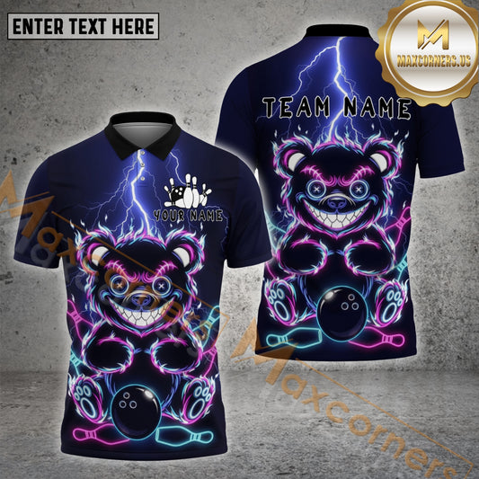 Maxcorners Bowling Electric Bear Glowing Eyes Multicolor Options Personalized Name, Team Name 3D Shirt (4 Colors)