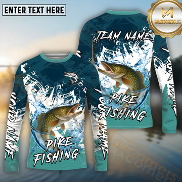 Maxcorners Pike Fishing Wild Water Splash Pattern Pattern Sport Jersey Personalized Name, Team Name Long Sleeve Shirt