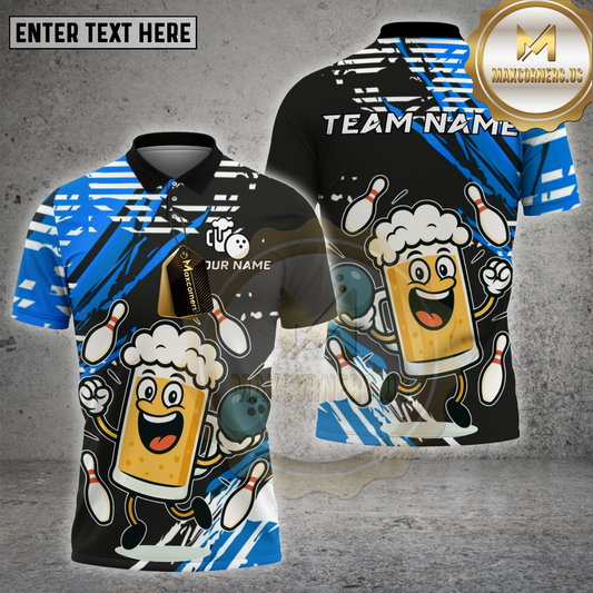 Maxcorners Bowling Shirt Happy Beer Mug Dancing Pose Multicolor Options Personalized Name, Team Name 3D Shirt (4 Colors)