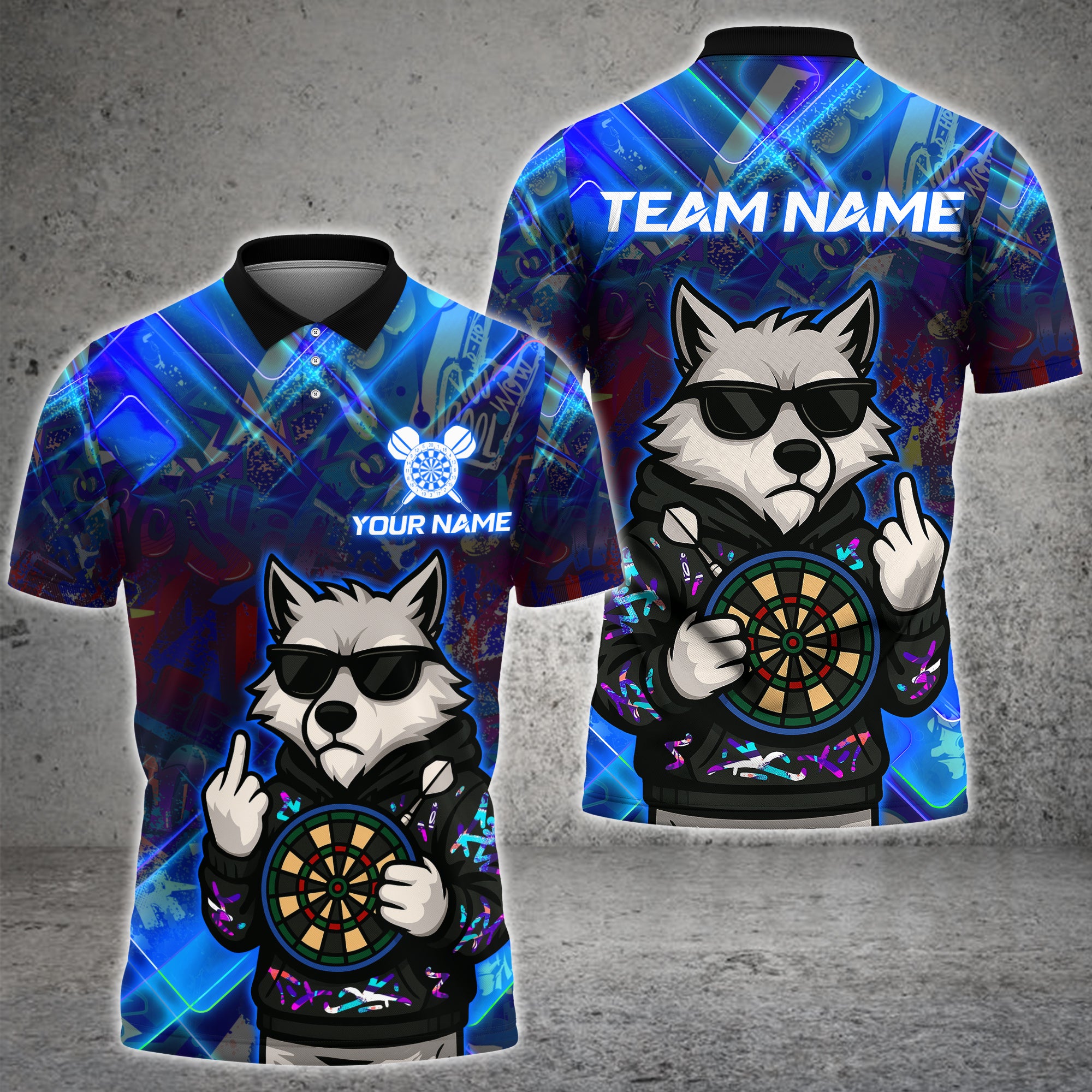 Graffiti-style wolf dart shirt with fierce artwork – custom name and team 3D design in multicolor options