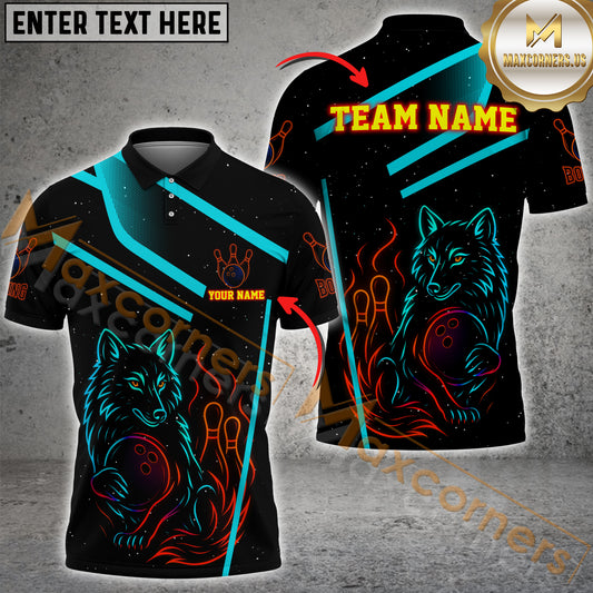 Maxcorners Bowling Shirt Neon Wolf Flame Strike Style Multicolor Options Personalized Name, Team Name 3D Shirt (4 Colors)