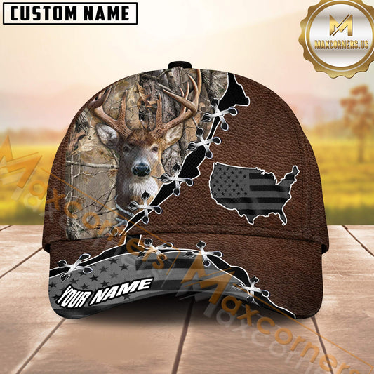 Maxcorners Hunting Hat – Realistic Deer with US Map & Stitch Style, Multicolor Options Personalized Name Custom Cap