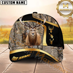 Maxcorners Grass Brown Camo Hunting Leather Line Gold Design Personalized Name 3D Cap (Moose/Elk/Turkey/Boar/Duck)