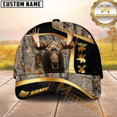 Maxcorners Grass Brown Camo Hunting Leather Line Gold Design Personalized Name 3D Cap (Moose/Elk/Turkey/Boar/Duck)