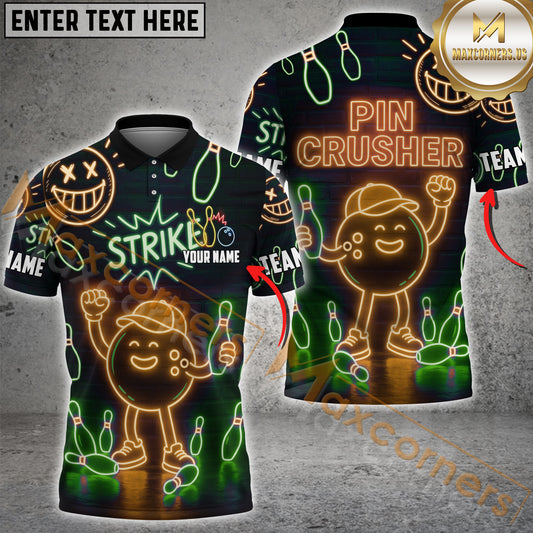 Maxcorners Bowling Shirt Neon Strike Pin Crusher Style Multicolor Options Personalized Name, Team Name 3D Shirt (4 Colors)