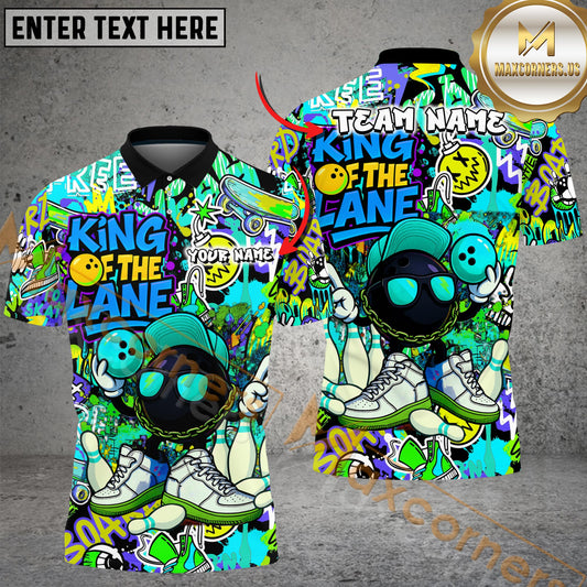 Maxcorners Bowling Shirt King of the Lane Graffiti Style Multicolor Options Personalized Name, Team Name 3D Shirt (4 Colors)