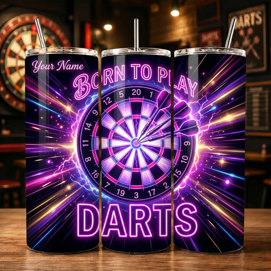 Maxcorners Darts Neon Funny Quote Born To Play Darts Personalized Name 3D Cup