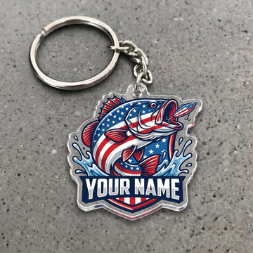 Maxcorners Patriotic Largemouth Bass Fishing USA Flag Personalized Name 3D Keychain And Ornament