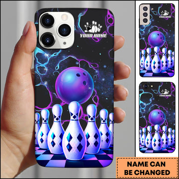 Maxcorners Bowling Galaxy Neon Ball and Pins Personalized Name 3D Phone Case