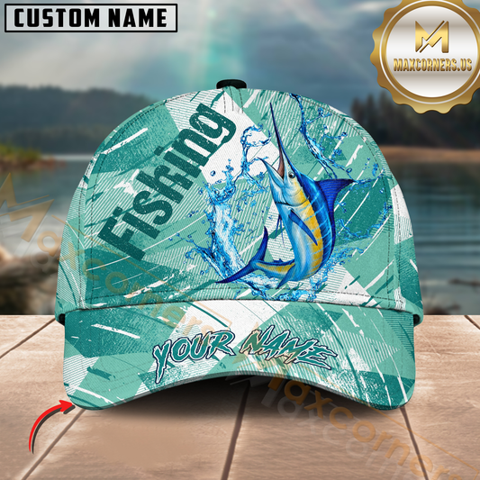 Maxcorners Fishing Aqua Splash Geometric Wave Multiple Options Personalized Name 3D Cap (12 Fish Species)