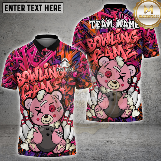 Maxcorners Bowling Cute Horror Bear Graffiti Multicolor Options Personalized Name, Team Name 3D Shirt (4 Colors)
