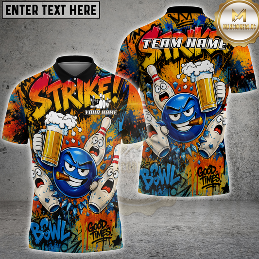 Maxcorners Bowling Strike Cartoon Beer Party Multicolor Options Personalized Name, Team Name 3D Shirt (4 Colors)