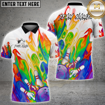 Maxcorners Bowling Rainbow Ball And Pins Fire Personalized Name, Team Name 3D Shirt