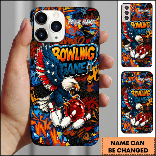Maxcorners Bowling Graffiti Eagle USA Flag Bowling Ball & Pins Personalized Name 3D Phone Case