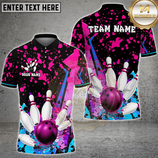 Maxcorners Bowling Paint Splatter Bowling Ball And Pins Multicolor Options Personalized Name, Team Name 3D Shirt (4 Colors)