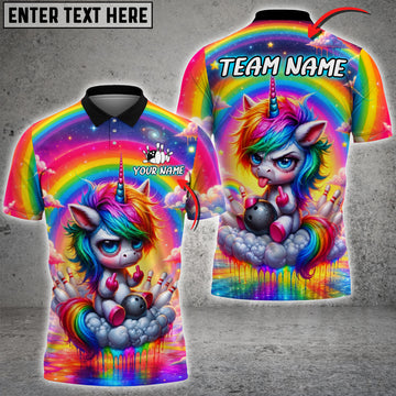 Maxcorners Angry Unicorn Bowling Rainbow Fantasy Cartoon Personalized Name, Team Name 3D Shirt