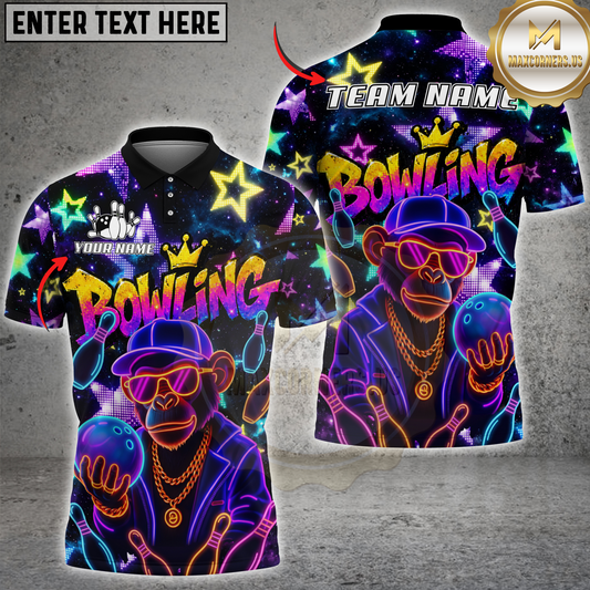 Maxcorners Bowling Monkey Neon Multicolor Options Personalized Name, Team Name 3D Shirt (4 Colors)