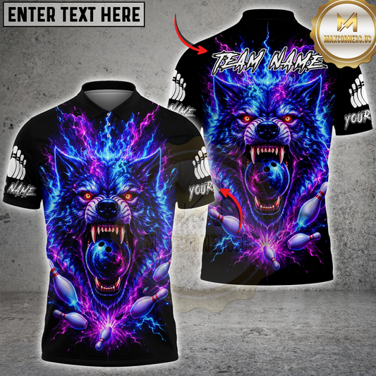 Maxcorners Wolf Bowling Neon Lightning Multicolor Options Personalized Name, Team Name 3D Shirt (4 Colors)