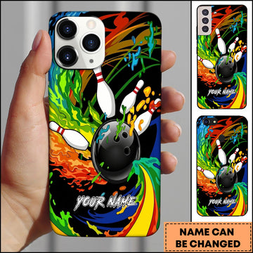 Maxcorners Rainbow Color Bowling Ball And Pins Personalized Name 3D Phone Case