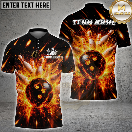 Maxcorners Bowling Flaming Bowling Ball Inferno Strike Multicolor Options Personalized Name, Team Name 3D Shirt (4 Colors)