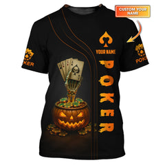 Maxcorners Poker Halloween Shirt, Funny Poker T-Shirt, Custom Name Skeleton Pumpkin Poker PolosLM1009