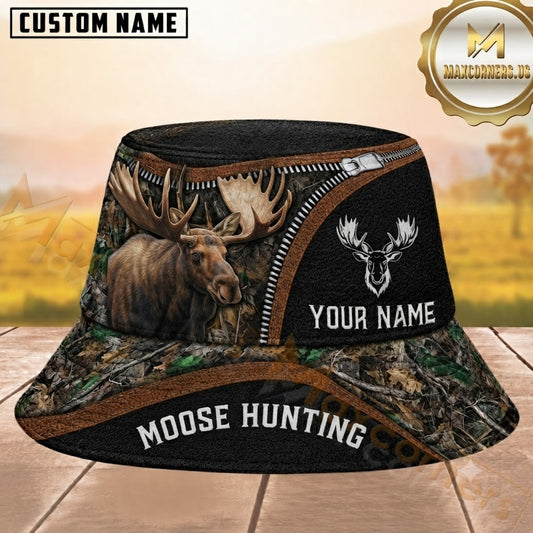 Maxcorners Moose Hunting Zipper Woodland Camouflage Black Brown Personalized Name 3D Bucket Hat