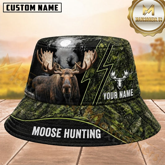 Maxcorners Moose Hunting Green Forest Camouflage Moonlight Personalized Name 3D Bucket Hat