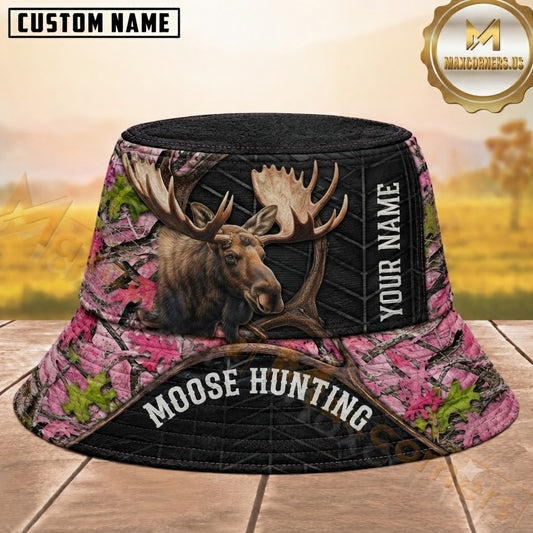 Maxcorners Moose Hunting Pink Woodland Camouflage Black Antler Personalized Name 3D Bucket Hat