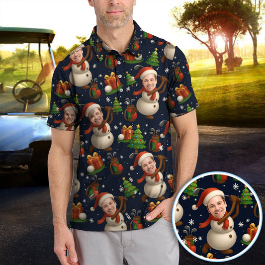 Maxcorners Personalized Face Christmas Polos, Custom Photo Snowman Golf Shirt, Funny Xmas Gift For Golfer