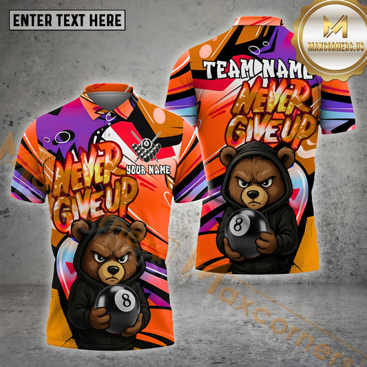 Maxcorners Billiards Bear Hoodie Never Give Up Multicolor Options Personalized Name, Team Name 3D Shirt (4 Colors)