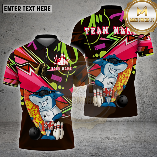 Maxcorners Bowling Shirt Cool Shark With Surfboard Tropical Style Multicolor Options Personalized Name, Team Name Unisex 3D Shirt (4 Colors)